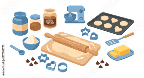 A delightful illustration showcases the ingredients and tools used in baking, including flour, sugar, butter, and cookie cutters, evoking a sense of warmth and creativity.
