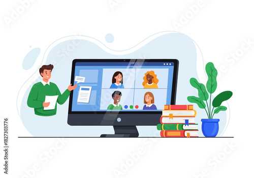 Teacher conducting online video conference meeting with student group using computer monitor for remote education and elearning