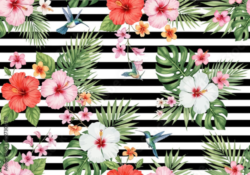 Watercolor tropical floral pattern with hibiscus flower and hummingbird on black and white stripe background