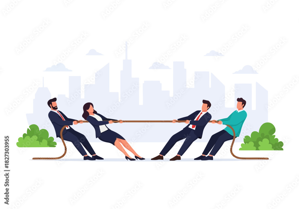 Fototapeta premium Business team competition in tug of war game against each other with city skyline background illustration
