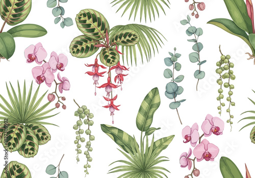 Watercolor seamless pattern with tropical exotic plant leaf and flower botanical illustration