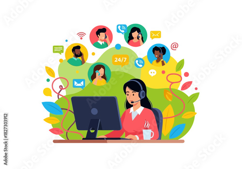 Customer service representative wearing a headset working on a computer with various client communication icons surrounding her