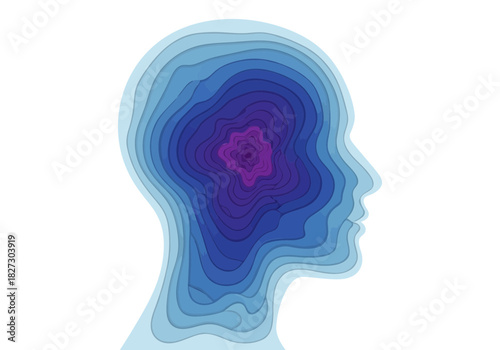 Abstract layered silhouette profile of human head showing brain activity or thought process in shades of blue and purple