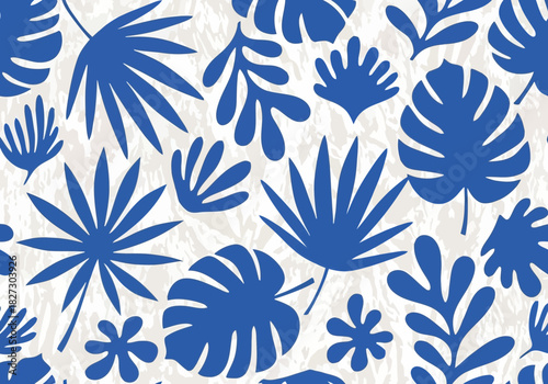 Seamless tropical pattern with various blue monstera and palm leaves silhouette on light textured background