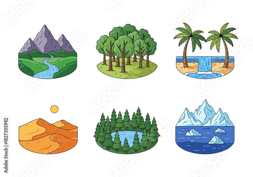 Set of six colorful pixel art icons representing different natural landscapes and biomes like mountain, forest, beach, desert, lake, and arctic