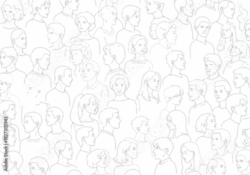 Seamless pattern of many diverse people faces and busts drawn in simple black and white line art style