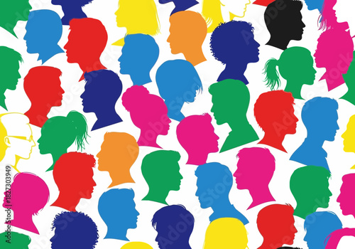 Seamless pattern of diverse human head silhouettes in bright, vibrant colors representing community, diversity, and population