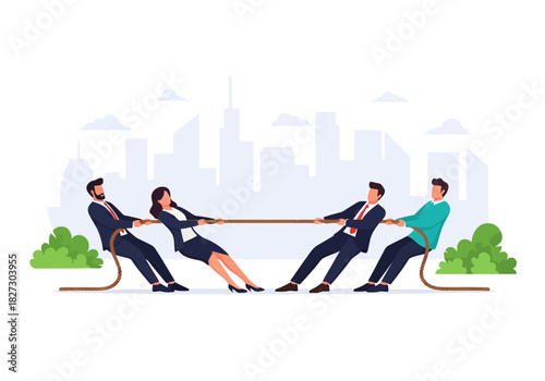 Business team competition in tug of war game against each other with city skyline background illustration