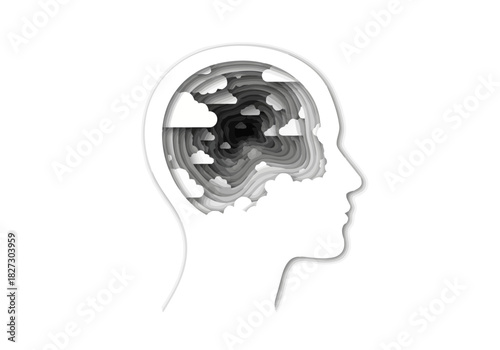 Paper cut style silhouette of a human head profile showing a swirling mind filled with clouds