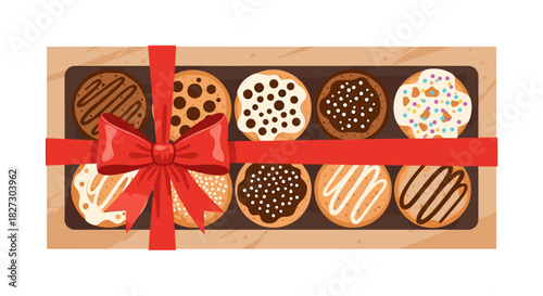 A delightful box of assorted cookies tied with a festive red ribbon, perfect for gifting or enjoying a sweet treat any time of day with various toppings.