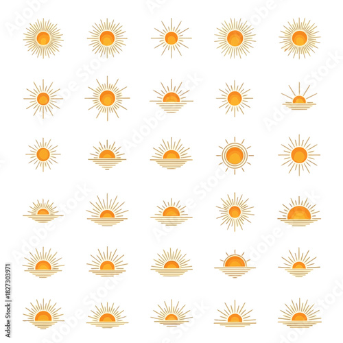 Collection of stylized sun icons representing sunrise and sunset in various forms