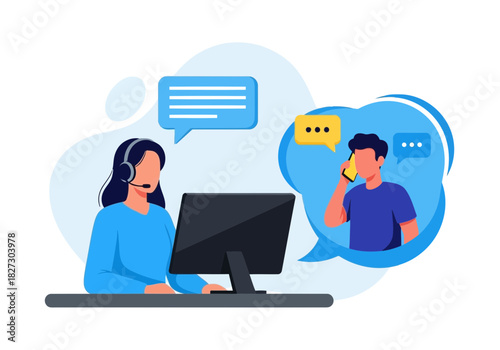 Customer support agent with headset working on computer assisting male client talking on mobile phone illustration
