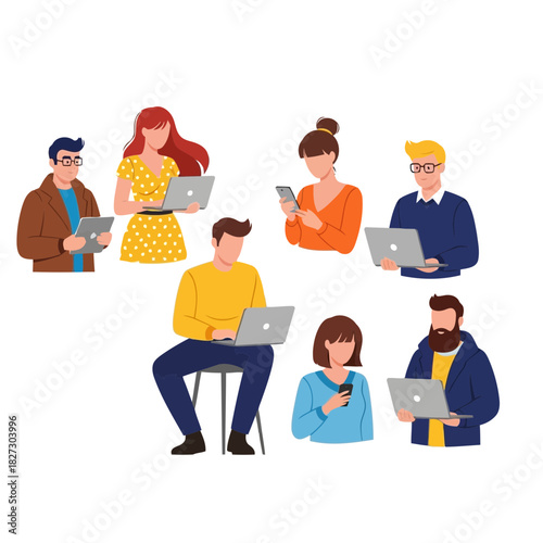 Group of diverse people using laptop and smartphone for work or communication