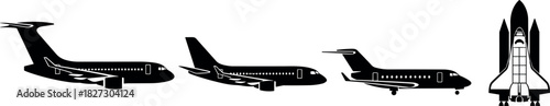 Set of passenger airplanes and space shuttle vector silhouettes, representing air travel, aerospace industry, commercial flight, and outer space exploration