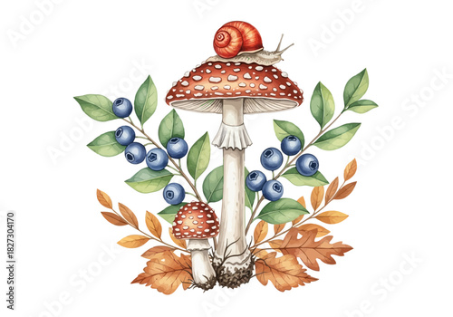 Watercolor illustration of a snail on a fly agaric mushroom surrounded by blueberries and autumn leaves