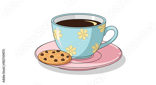 A charming illustration showcases a cup of dark coffee paired with a delectable chocolate chip cookie, all set against a clean white background.