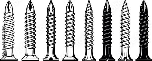 Set of various wood screw and drywall fastener vector illustrations, showing different thread patterns and head types for carpentry, construction, and hardware design