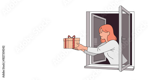 A young woman is depicted handing a beautifully wrapped gift box out of an open window, set against a clean, minimalist white background for visual impact.