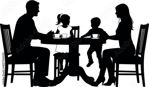 Silhouette of a family with two children sitting at a table having a meal or conversation, vector illustration for parenthood, lifestyle, and togetherness concepts