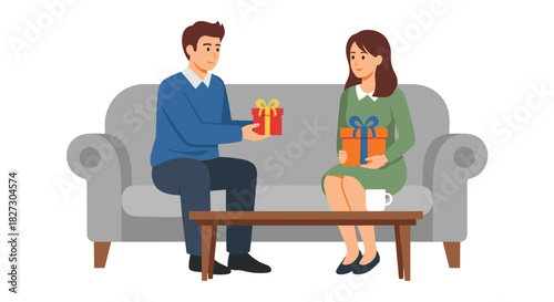 A young man is giving a present to a young woman sitting on a couch, creating a heartwarming moment of affection and sharing in a cozy setting.