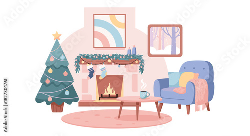 A cozy living room scene featuring a decorated Christmas tree, a warm fireplace, and a comfortable armchair, creating a festive holiday atmosphere in a home setting.