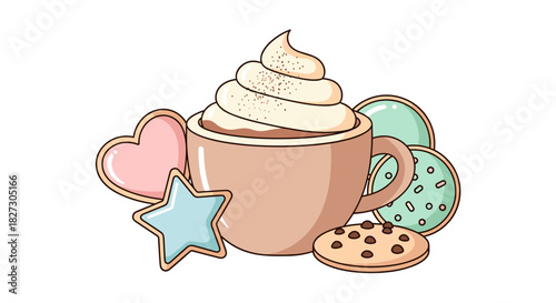 A charming illustration of a mug filled with whipped cream surrounded by decorated cookies, perfect for holiday-themed designs and sweet treat promotions.