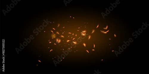 Flame of fire with sparks on a black background. The texture of the fiery storm. The fiery sparks of lights flash, a shot of a flying spark in the air. a dark night