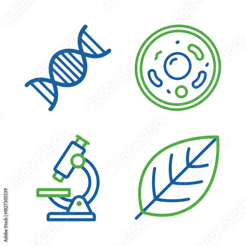 Scientific Discovery and Research Icons DNA, Cell, Microscope, and Leaf Illustrations