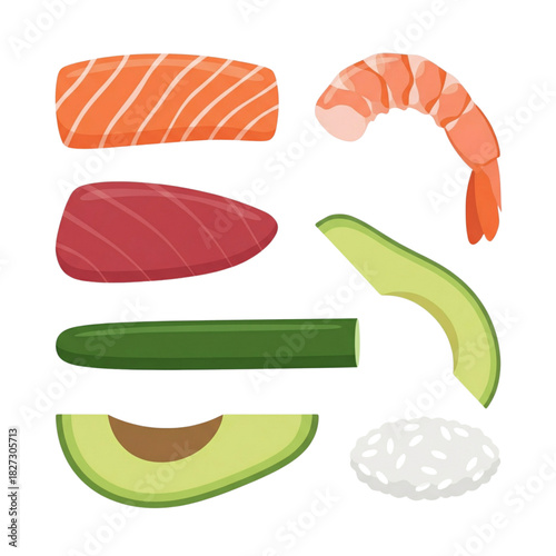 Vector icon set of fresh ingredients for Japanese sushi and rolls, featuring salmon, tuna, shrimp, avocado, and rice