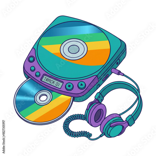 Vibrant Retro Portable CD Player with Headphones and Disc - A Stylish Outline Illustration for Music and Nostalgia Enthusiasts