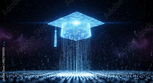 Glowing blue digital graduation cap emitting data streams in a dark, abstract technological cyberspace environment representing online learning and future education