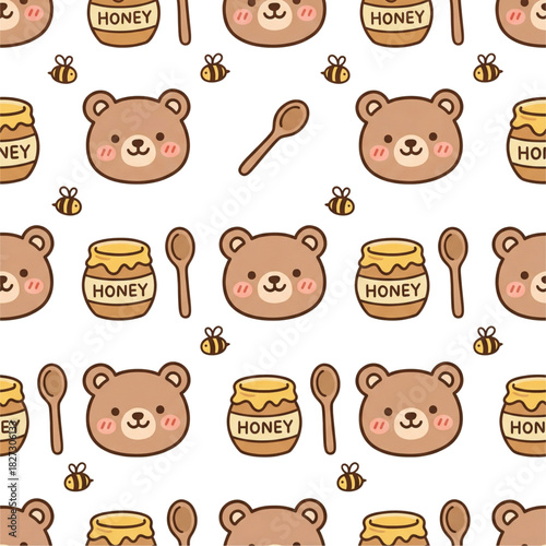 Cute Bear and Honey Seamless Pattern for Background, Textile, Wallpaper or Wrapping Paper