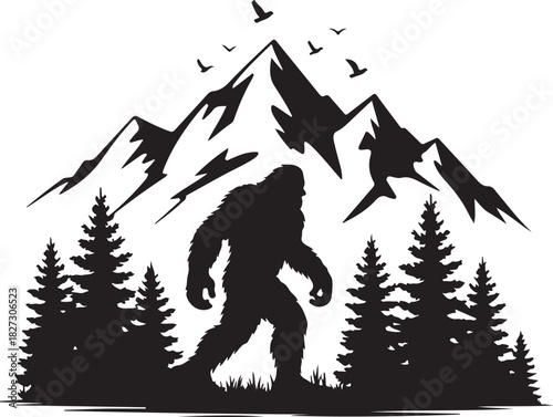 Bigfoot explores forest with mountains and trees silhouette 