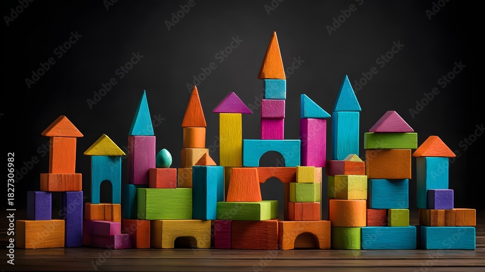 Obraz premium Colorful Wooden Building Blocks Arranged to Form a Whimsical Cityscape on a Dark Background.