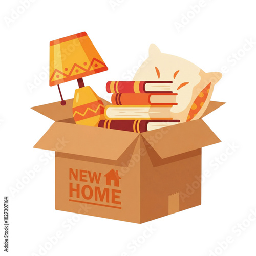 Cartoon illustration of a moving box filled with household items like books and a lamp, representing relocation to a new home