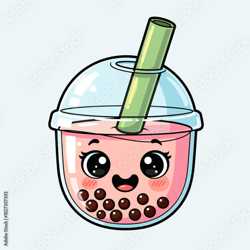 Bubble tea cup character in cute stylized cartoon illustration, bright cheerful colors, playful beverage mascot