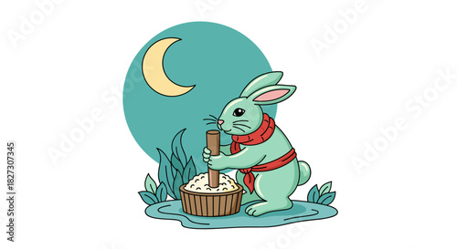Jade rabbit pounding rice under the moon folk-inspired drawing with clear outlines celebrating mythology and tradition