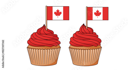 Two minimalist cupcakes with red frosting and stylized maple leaf flags vector set in red, white, and light brown 