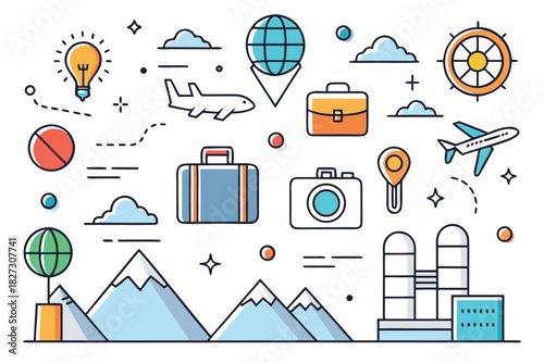 Vibrant travel illustration with airplanes, mountains, globe, luggage, camera, map pins and markers. Perfect for tourism campaigns, travel blogs, stock libraries, and adventure design projects.