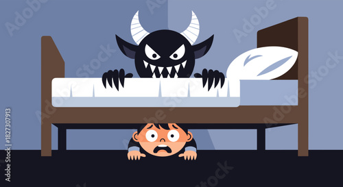 Scared little boy hides from monster under the bed in the dark, a childhood fear illustration of nightmares and scary bedtime stories for kids