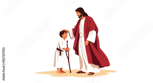 Jesus Christ blessing a young boy with a crutch offering hope and healing in a touching religious scene evoking faith and compassion