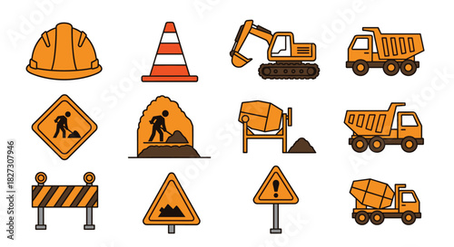Construction icons featuring excavator, dump truck, cone, hardhat, barrier, cement mixer, and signs for engaging infrastructure projects