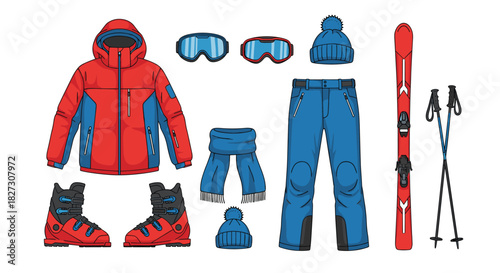Get ready for the slopes with this essential ski gear collection including jacket, pants, boots, goggles, hat, scarf, skis, and poles for adventure