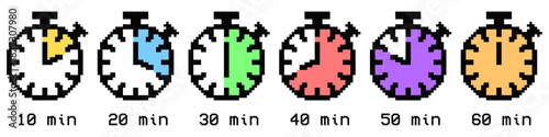 Set Pixel Timer Icon Vector Ideal for gaming, time tracking, speed, and countdown graphics in a retro 8-bit style. Symbolizes time control, measurement, and precision.