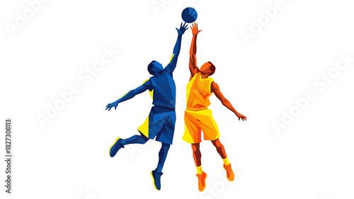 Dynamic Duo Airborne Basketball Players Compete for Possession in Vertical Jump