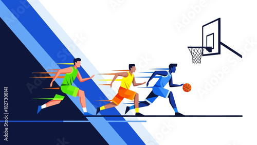 Dynamic Basketball Players in Action Running Dribbling and Shooting Towards the Hoop