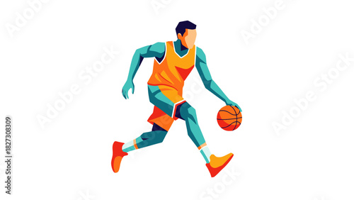 Dynamic Athlete Dribbling Basketball in Motion Sports Illustration