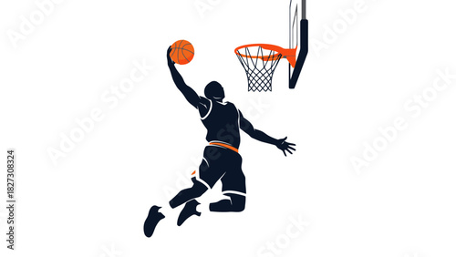 Dynamic Basketball Player Leaping to Score a Slam Dunk at the Hoop