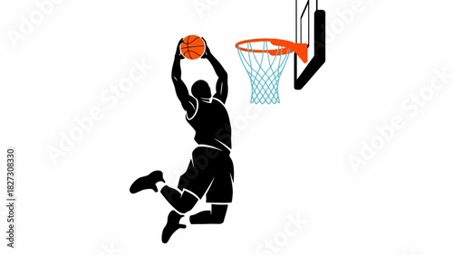 Athletic Player Performing a Powerful Slam Dunk on a Basketball Hoop