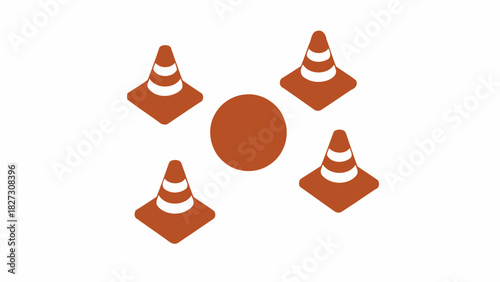 Four Orange Safety Cones Arranged Around a Central Circle on White Background